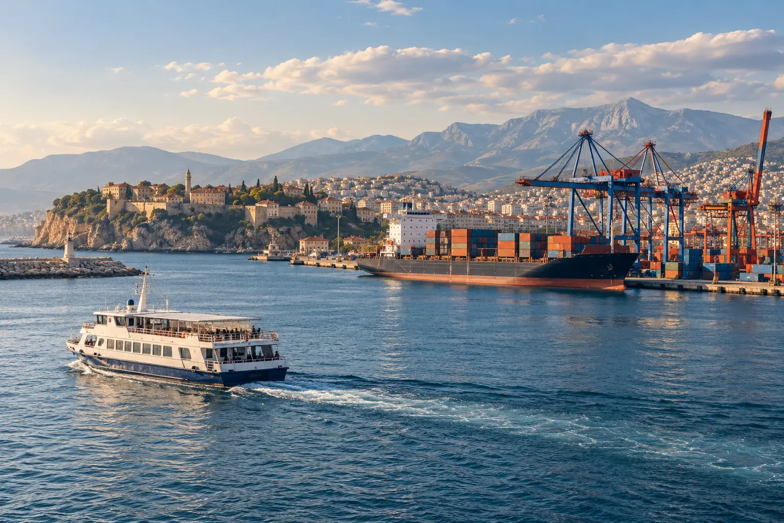 Dış ticaret ve seyahat hizmetlerini simgeleyen yük gemisi ve yolcu vapuru