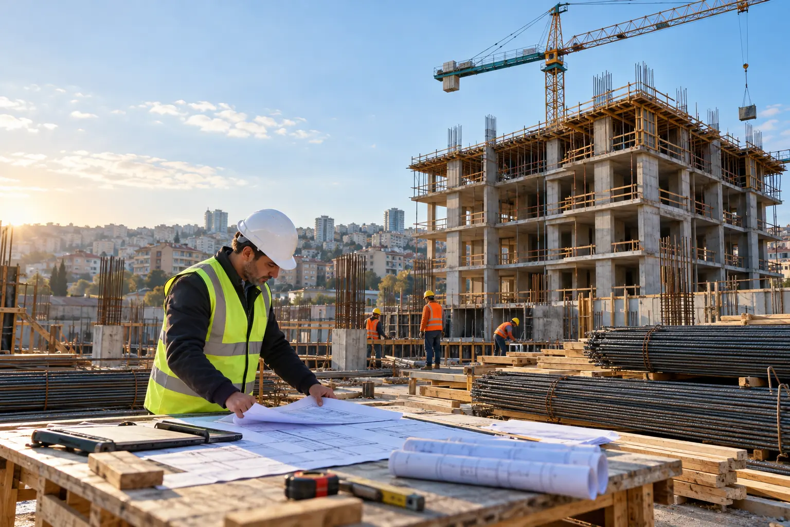 İnşaat sahasında proje planı inceleyen maliyet uzmanı, betonarme yapı, çelik ve ahşap