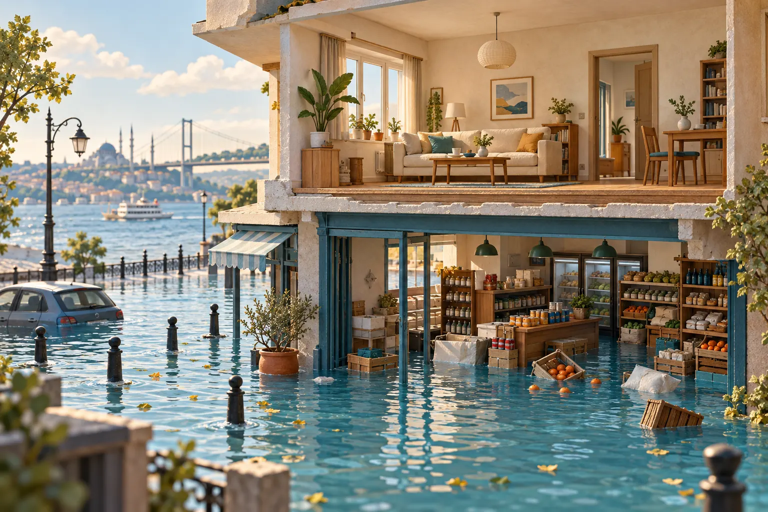 Apartman ve dükkân için sel riski temsili illüstrasyonu