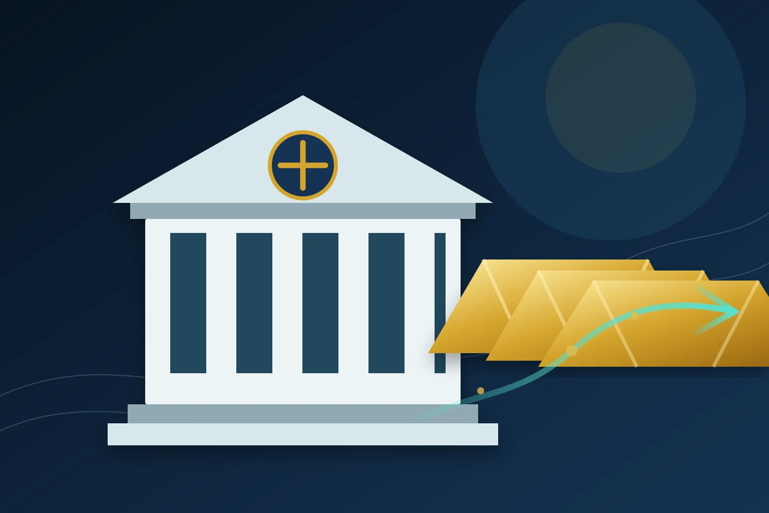 Merkez bankası binası, altın külçeleri ve rezerv akışını simgeleyen çizgiler