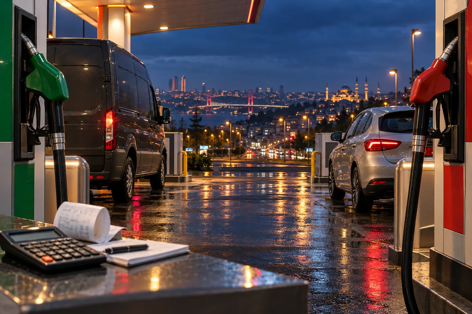 İstanbul manzaralı akaryakıt istasyonunda ticari araç, otomobil ve bütçe hesabı