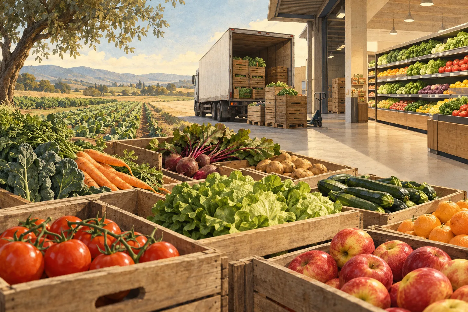 Üreticiden market rafına tarımsal tedarik zinciri illüstrasyonu